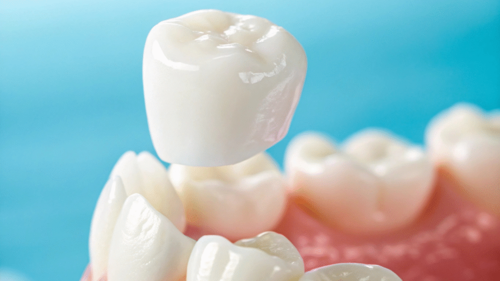 Dentist holding a shade guide to match the perfect color for a new dental crown, with a young female patient smiling brightly at a Professional Dental office in Utah.